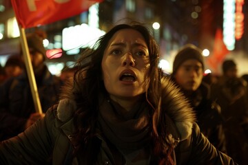 A woman leads a nighttime protest through city streets, holding a flag, as warm lights and reflections add intensity to their determination.