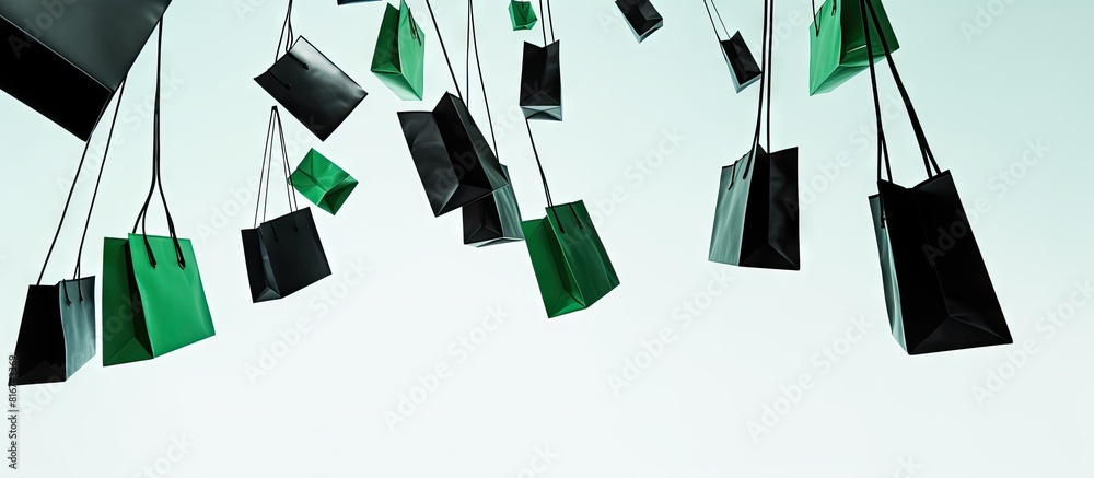 Poster a view from below shows green and black paper shopping bags suspended against a white background cre