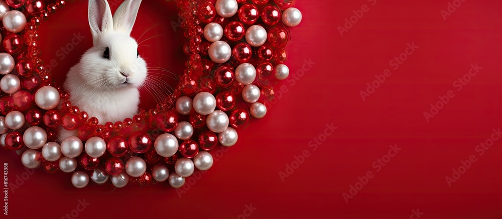 Aufkleber A copy space image with a red background that features a white rabbit and a red heart surrounded by white pearls