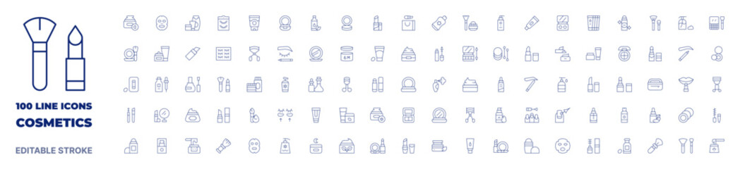 100 icons Cosmetics collection. Thin line icon. Editable stroke. Cosmetics icons for web and mobile app.