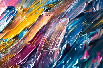 A close-up view of a vibrant painting displaying a variety of colors and textures created with...