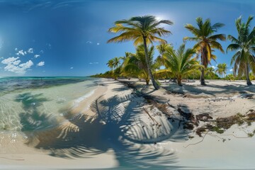 A 360-degree view of a tropical beach with palm trees swaying in the breeze, showcasing the natural beauty of the serene coastline