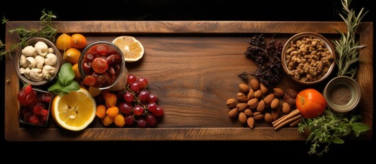 An image showcasing a wooden tray as a background for creating a montage of food displays perfect...
