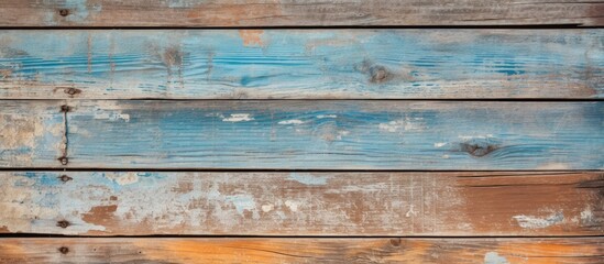 Fototapeta premium Street fence made of worn wooden boards Peeling paint reveals faded texture Ample empty area for copy space image