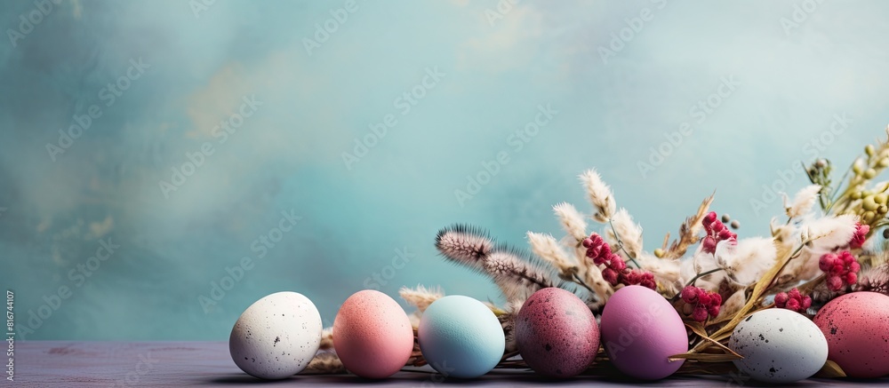 Poster copy space image of a vibrant easter composition featuring colorful natural dyed eggs arranged on a 