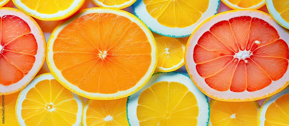 Aufkleber A vibrant and artistic pattern of freshly sliced oranges creates a captivating texture The neon colors add a mesmerizing touch to the macro top view image that features copy space This visually appea