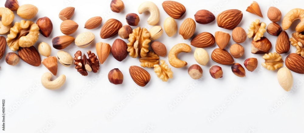 Aufkleber A top down view of mixed nuts placed on a plain white background with ample copy space for additional content