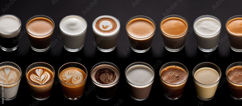 Poster A copy space image showcasing various coffee types like latte espresso mocha and cappuccino presented in a range of cups and containers with different styles