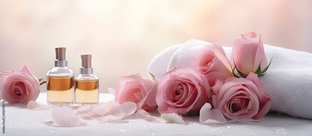 Poster copy space image of a stunning spa arrangement consisting of essential oil sea salt and rose placed 