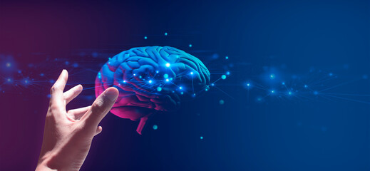 Obraz premium doctor hand holding a holographic of human brain in healthcare medical theme; a technology for science neuron cell network
