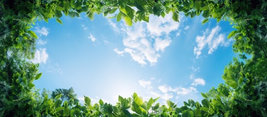A vibrant outdoor scene with a clear blue sky lush green leaves on the trees and a decorative frame providing a visually appealing image for design wallpaper or stretch ceiling decoration