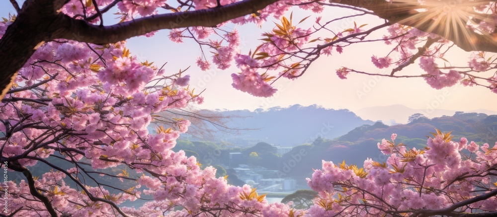 Poster A serene image of cherry blossoms in Kamakura with plenty of empty space around them. with copy space image. Place for adding text or design
