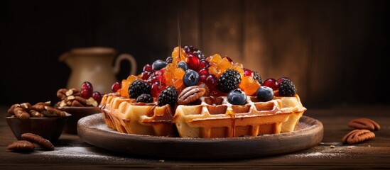 A rustic background showcases traditional Belgian waffles adorned with dried fruit nuts and caramel offering a visually appealing image with copy space