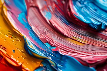 Detailed close up of vibrant textured brushstrokes created by an oil paint brush on canvas
