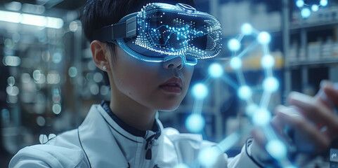 A Chinese man wearing VR glasses is using holographic augmented reality to green screen and cut out the background of her hand with a DNA double helix. Generative AI.