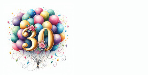 Watercolor balloons with the number 30 on a white background - Happy 30th birthday card with copy space to add text