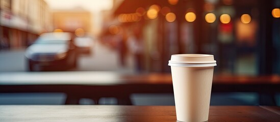 A white paper coffee cup can be seen while driving through a coffee shop The image contains empty space for additional content