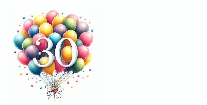 Watercolor balloons with the number 30 on a white background - Happy 30th birthday card with copy space to add text