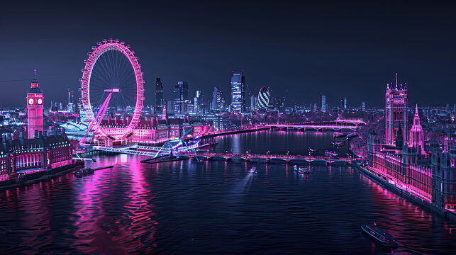 Technical visual, 3D LiDAR GIS aerial map scan isolated against black background, showing London city centre, UK, London Eye, Big Ben and Westminster. Elevation, topography, pink