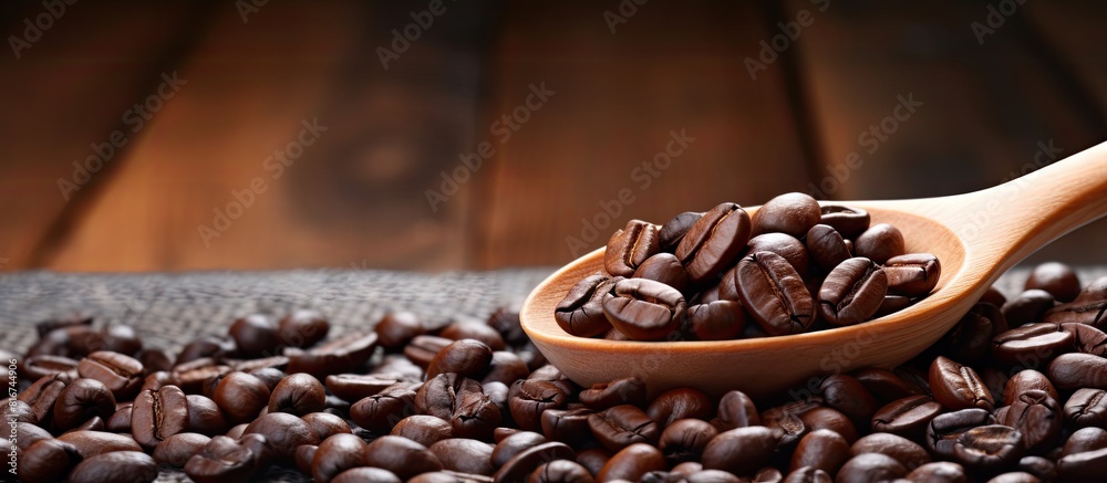 Poster Image of roasted coffee beans with a wooden spoon in the background. with copy space image. Place for adding text or design