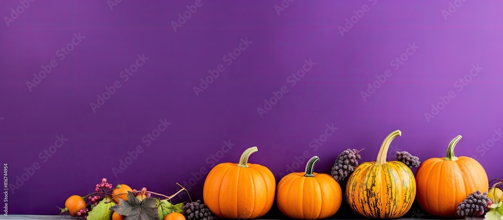 Poster purple background with painted pumpkins provides a visually appealing copy space image
