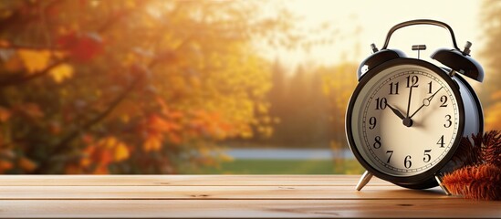 On a sunny autumn day an alarm clock sits on a wooden table near a window providing a perfect copy...