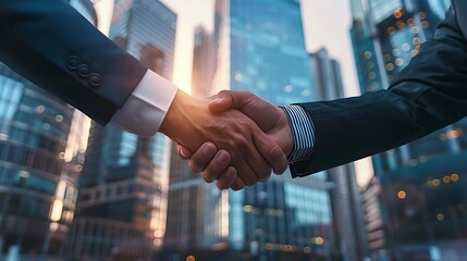 Two businessmen shaking hands in front of a modern cityscape.