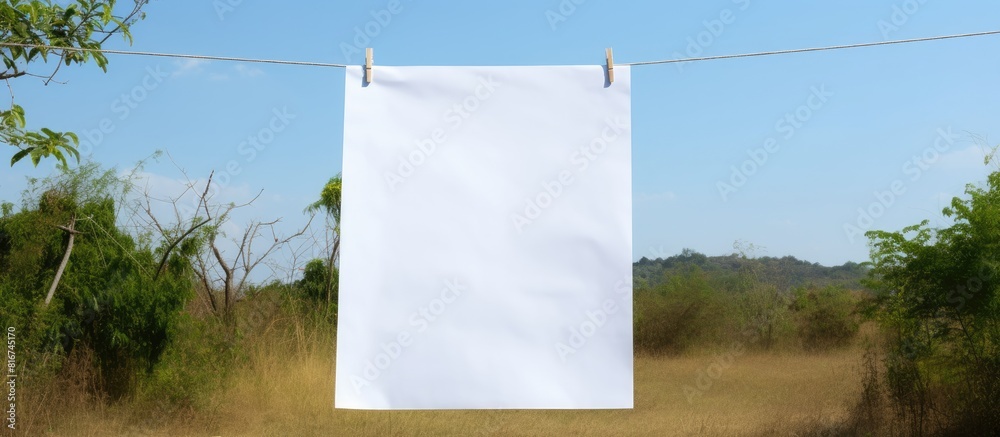 Sticker a white paper sheet hangs on a clothesline creating a copy space image