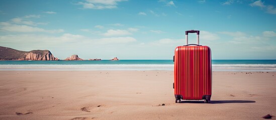 A red suitcase on vacation representing a carefree lifestyle filled with travel essentials ready to embark on a memorable journey. with copy space image. Place for adding text or design - Powered by Adobe