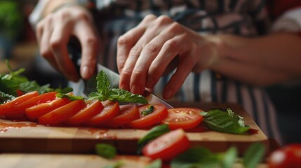 A person slicing tomatoes on a cutting board, perfect for food preparation concepts