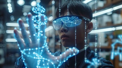 A Chinese man wearing VR glasses is using holographic augmented reality to green screen and cut out the background of her hand with a DNA double helix. Generative AI. - Powered by Adobe