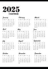 Colorful calendar 2025 Vector. The week starts on Sunday. Calendar layout. Stationery template with 12 months. Annual quadratic organizer, English.