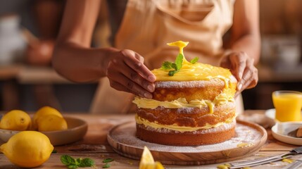 Woman Decorating a Lemon Cake