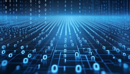 A digital-inspired background with a matrix of faint blue binary code on a deep blue base.
