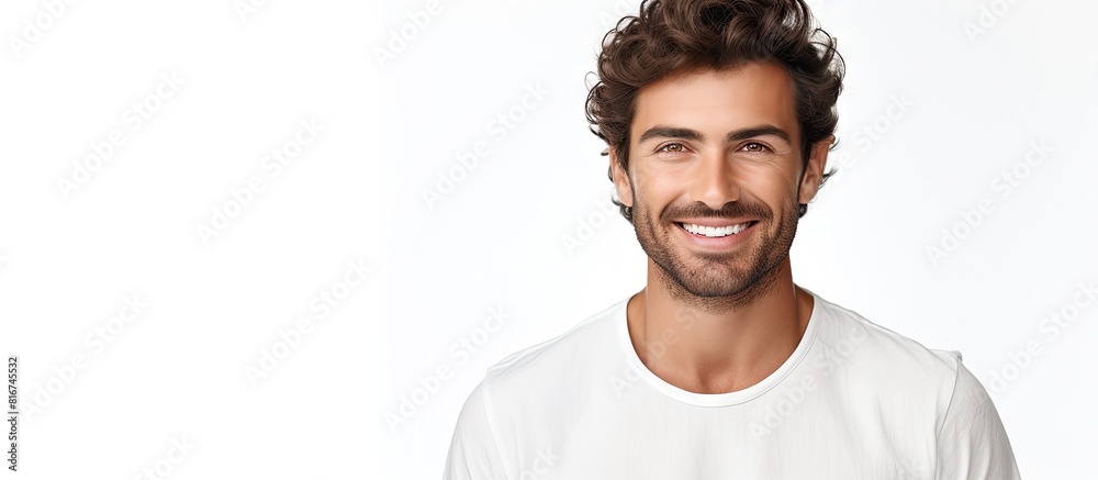 Aufkleber a smiling handsome man in a portrait isolated on a white background with ample space for additional 