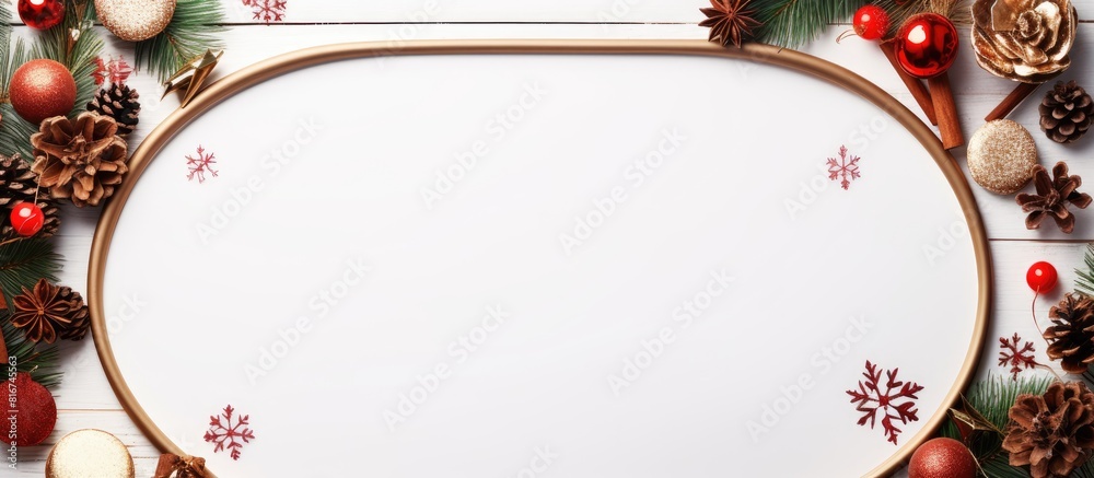 Poster Top view of a white background with an oval frame perfect for advertising text This Merry Christmas and Happy New Year image offers ample copy space