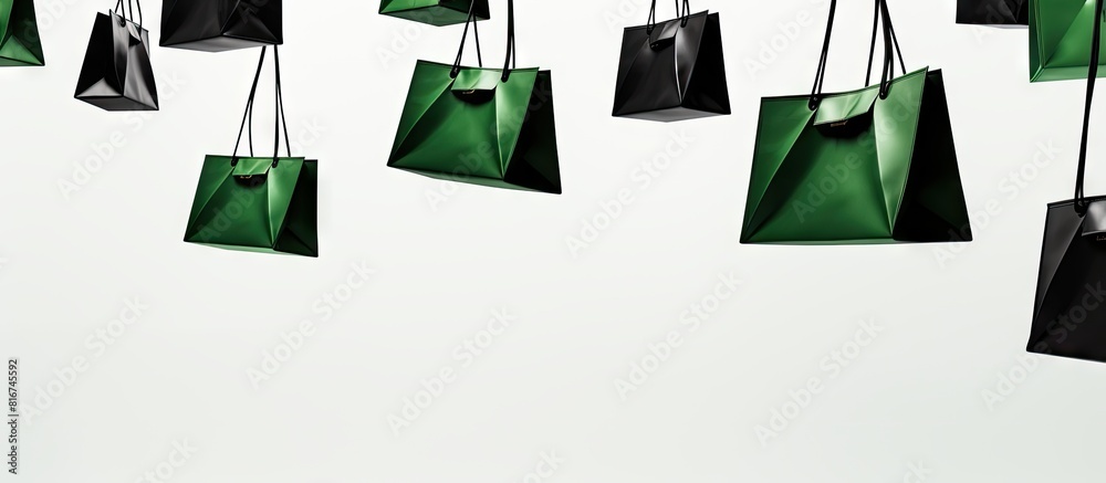 Poster a view from below shows green and black paper shopping bags suspended against a white background cre