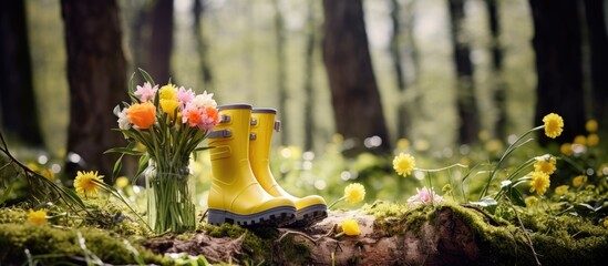 In the spring forest a copy space image showcases yellow rubber boots adorned with a beautiful bouquet of flowers