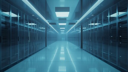 Fototapeta premium Symmetrical data center filled with high-end gpu servers, cinematic lighting and tech blue tone