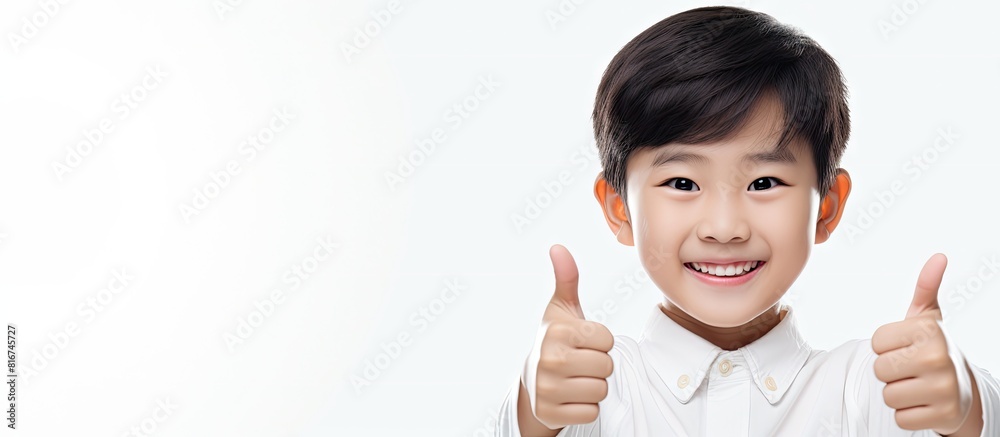 Poster smiling asian boy isolated on white background raises both thumbs and looks at the camera ample copy