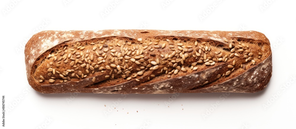 Poster a top view image of a rye dark bread loaf with grain and sunflower seeds isolated on a white backgro