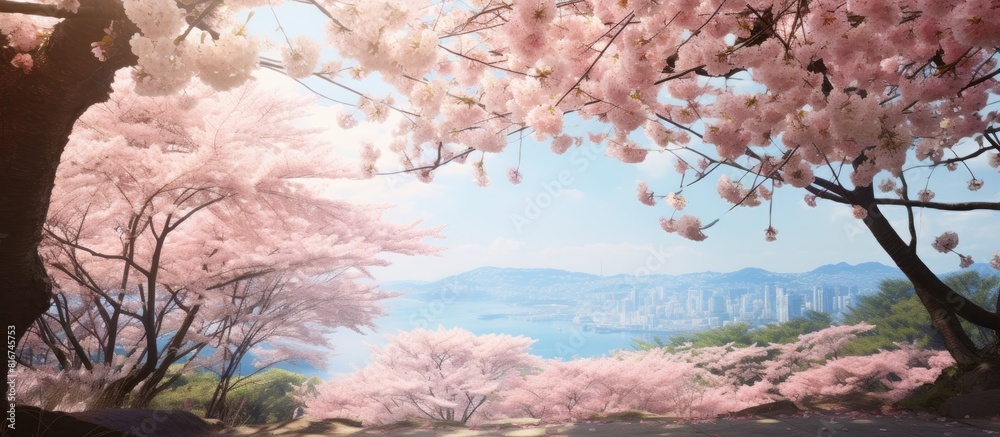 Poster A serene image of cherry blossoms in Kamakura with plenty of empty space around them. with copy space image. Place for adding text or design