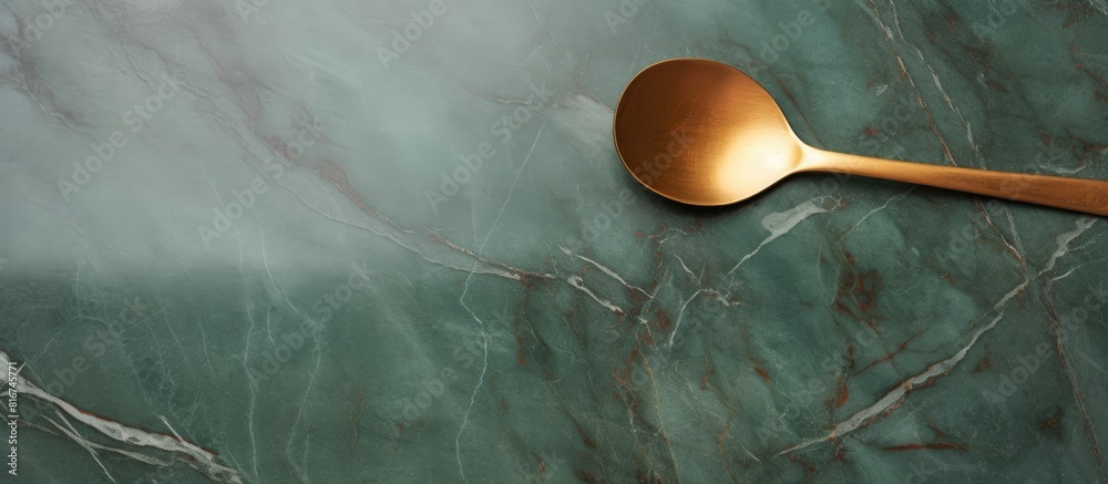 Poster Top view of a minimal style gold frame and square complemented with a wooden spoon placed on a green marble background The image provides ample text space