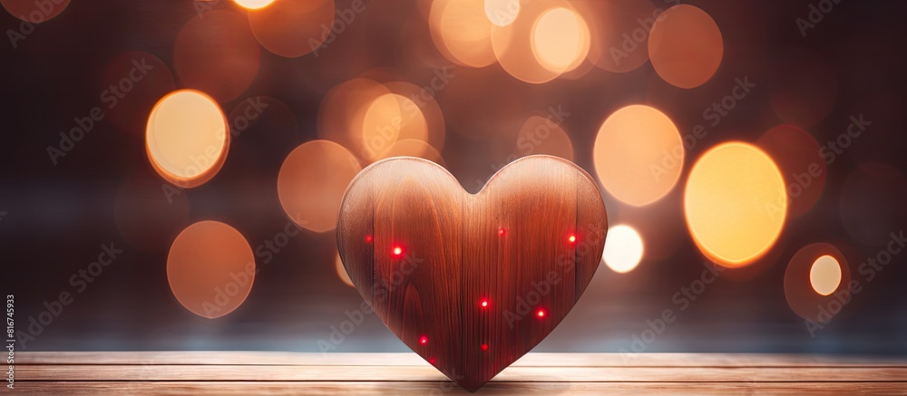 Poster A red wooden heart shape with blurred heart shaped lights in the background captured in a close up image with ample space for text or other elements