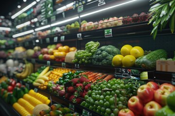 A variety of fresh produce in a grocery store. Ideal for food and health-related designs