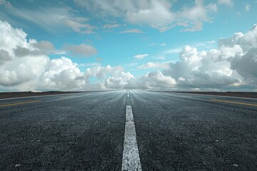 An empty asphalt road with a clear blue sky background. Suitable for transportation or travel...