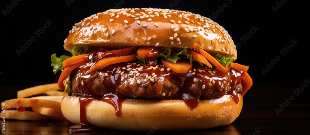 Aufkleber A tasty and savory food item made of a grilled or steamed sausage placed in a soft bun often accompanied by condiments and toppings. with copy space image. Place for adding text or design