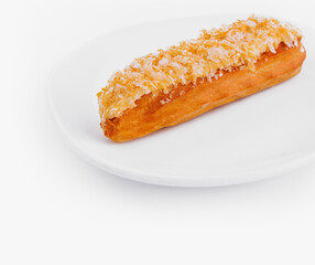 Fresh coconut eclair on white plate