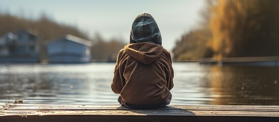 A single boy in a jacket with a hood sits on a wooden dock over water on a sunny cool day as seen in the long telephoto side view The scene offers plenty of copy space for an image