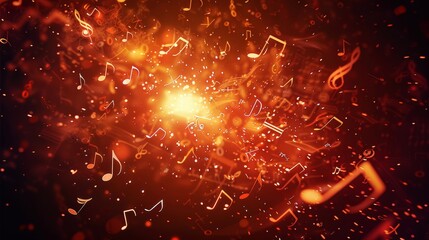 A music note explosion with musical notes flying around, vector illustration, dark background, red...